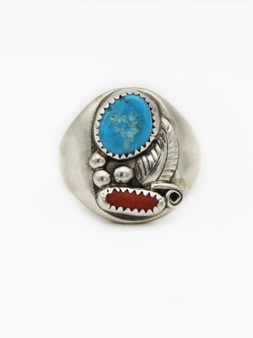 Native American Navajo Sterling Silver Turquoise Coral Ring